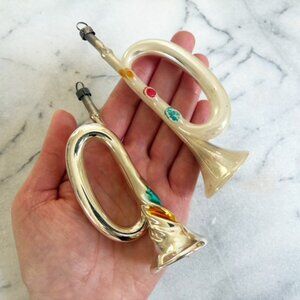 Vintage Glass Horn Christmas Ornaments S / 2 Pair Musical Instruments